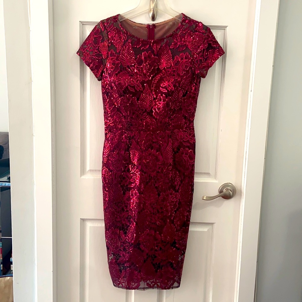David Meister Sequin Embroidered Mesh Sheath Dress